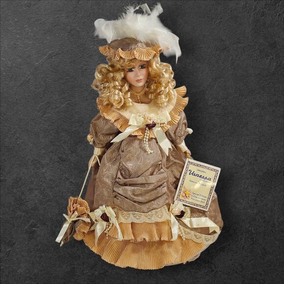 Haunted Porcelain Doll Vanessa Brown Gown Feathered Hat Paranormal Spirit Shifts - Picture 2 of 8